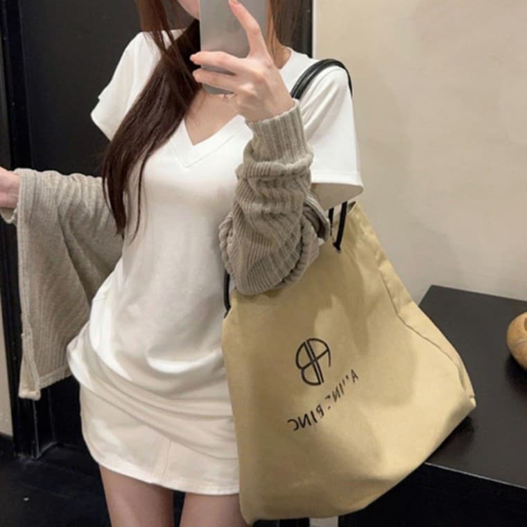 여성 데일리 브이넥 반팔 롱 티셔츠