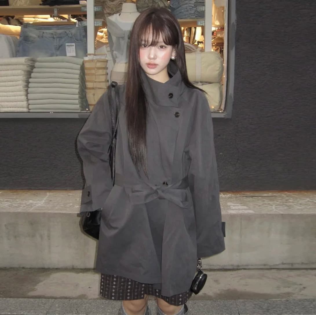 크기 있음 업데이트 한국 보 주님 섹션 가을 겨울 분위기 센스 스탠드 칼라 허리 수축 레이스업 중간 길이 바람막이 여성 코트