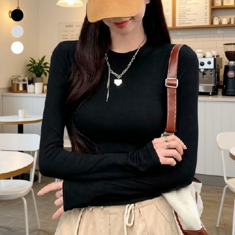 베이지 여성 긴팔 티셔츠 라운드넥 슬림핏 긴팔티
